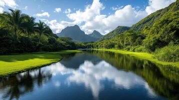 A river in the middle of a lush green field photo