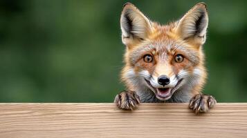 A fox is peeking over a wooden board photo