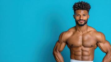 A man with a muscular body standing in front of a blue background photo
