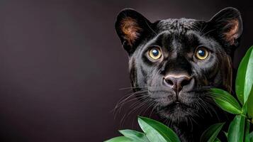 Black panther with green leaves on a dark background photo