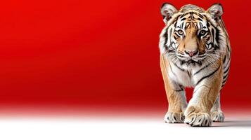 A tiger walking on a red background photo