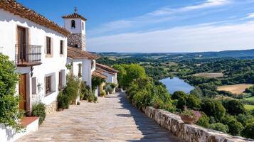 A narrow cobblestone road leads to a village with white houses and a river photo