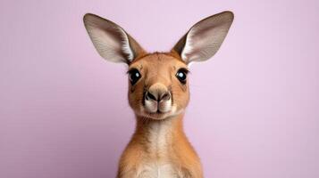 A kangaroo is looking at the camera on a pink background photo