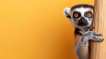 A lemur is peeking out from behind a wooden pole photo