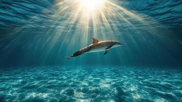 Dolphin swimming in the ocean with sunlight photo