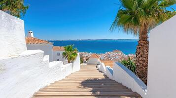 A view of the sea and stairs leading to a white building photo