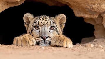 A tiger cub peeking out from a cave photo