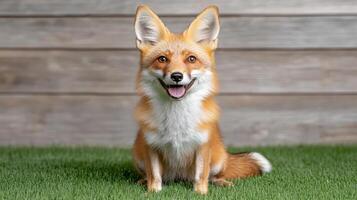 A fox sitting on the grass with its mouth open photo