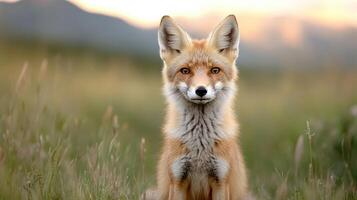 A fox sits in the grass with mountains in the background photo