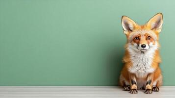 A fox sitting on a wooden floor in front of a green wall photo