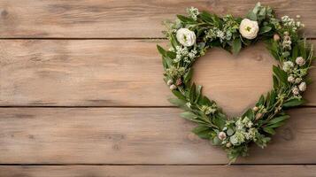 A heart shaped wreath on a wooden background photo