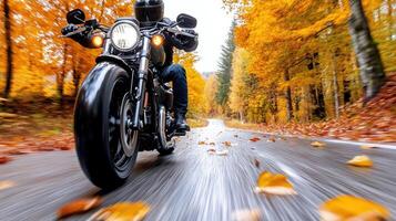 A person riding a motorcycle on a road in the fall photo