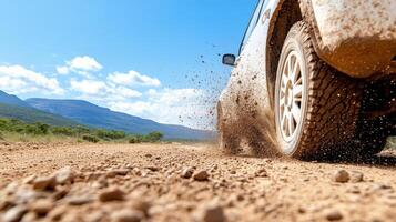 A car driving on a dirt road with dirt flying off of it photo