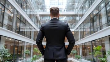 Rear view of businessman standing in atrium of modern office building photo