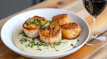 A plate of scallops with a glass of wine photo