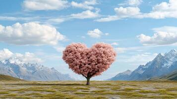 A heart shaped tree in the middle of a field photo