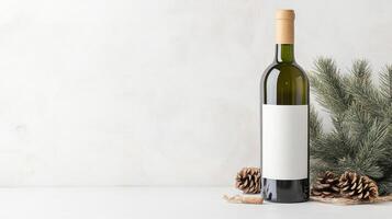 A bottle of wine and pine cones on a white background photo