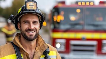 A smiling fireman in front of a fire truck photo
