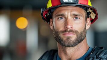 A man in a fire helmet and safety vest photo
