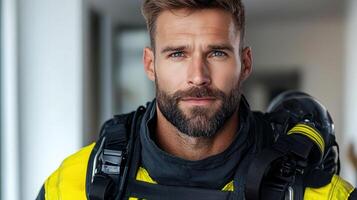 A man with a beard and a beard wearing a yellow jacket photo