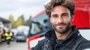 A man in a fire jacket standing in front of a fire truck photo