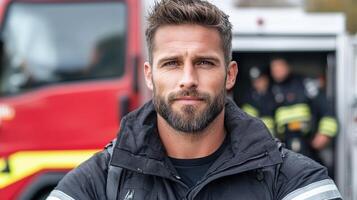 A man with a beard and beard standing in front of a fire truck photo