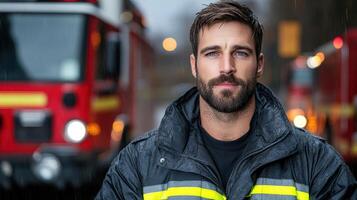 A man in a fireman's uniform is standing in front of a fire truck photo