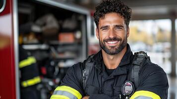 A man with a beard and a fireman uniform photo