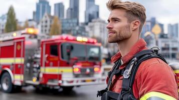 A man in a fireman uniform stands in front of a fire truck photo