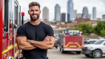 A man with a beard standing in front of a fire truck photo