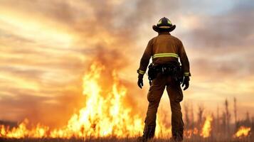 A firefighter standing in front of a fire photo