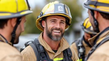 A smiling firefighter with his colleagues photo