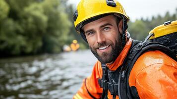 A man in an orange and yellow safety suit is smiling photo