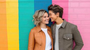 Two people are standing in front of a rainbow wall photo