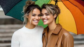 Two women are smiling under an umbrella photo