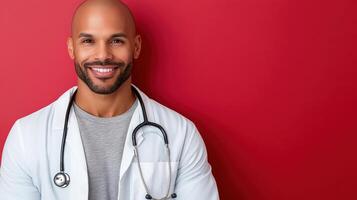 A smiling black man in a white coat and stethoscope photo