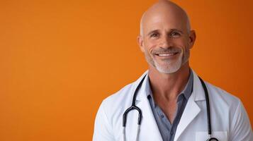 A man in a white lab coat standing in front of an orange background photo