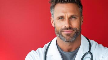 A man in a white lab coat standing in front of a red background photo