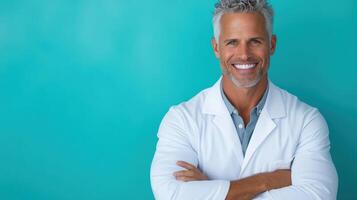 A man in a lab coat standing with his arms crossed photo