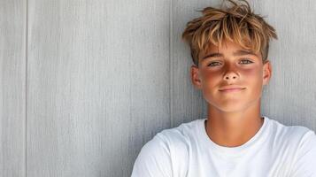 A boy with a white t - shirt leaning against a wall photo