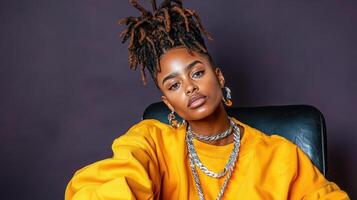 A woman with dreadlocks sitting on a chair photo