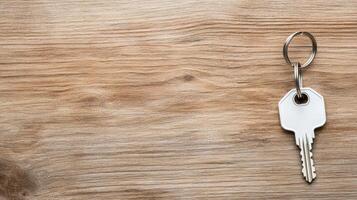 A key on a wooden table with a blank space photo