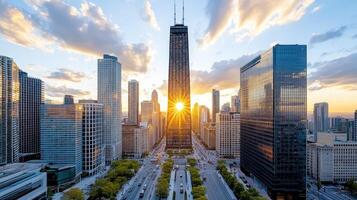 The sun rises over the skyline of chicago photo