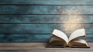 Open book with sparkles on wooden background photo