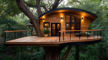 A tree house with a deck and a balcony photo