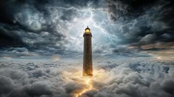 A lighthouse in the clouds with lightning photo