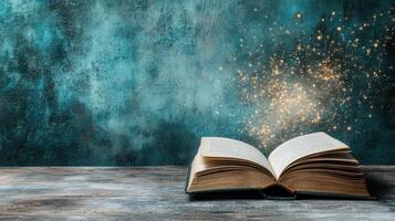 An open book with sparkles coming out of it photo
