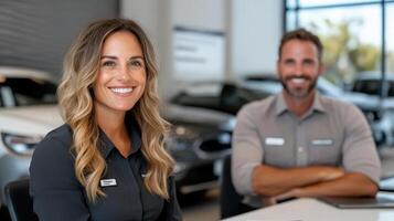 A smiling woman and man in a car dealership photo
