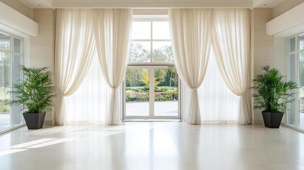 A large room with white curtains and a large window photo