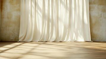 Empty room with white curtains and wooden floor photo